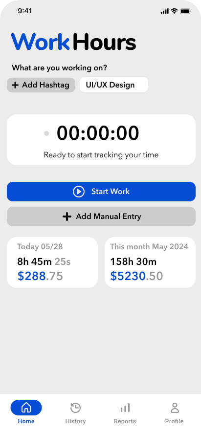 WorkHours Time Tracker - Main Dashboard Interface